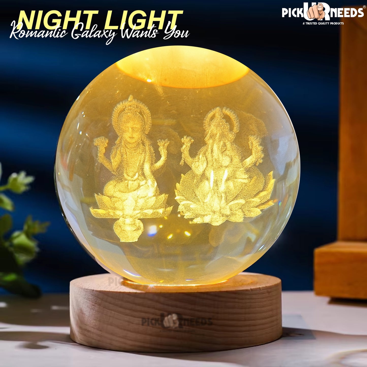 Pick Ur Needs 3D Galaxy Laxmi Ganesh Crystal Ball Night Light– Beech Wood Base– Decor for Home Night Lamp  (9.5 cm, Gold)