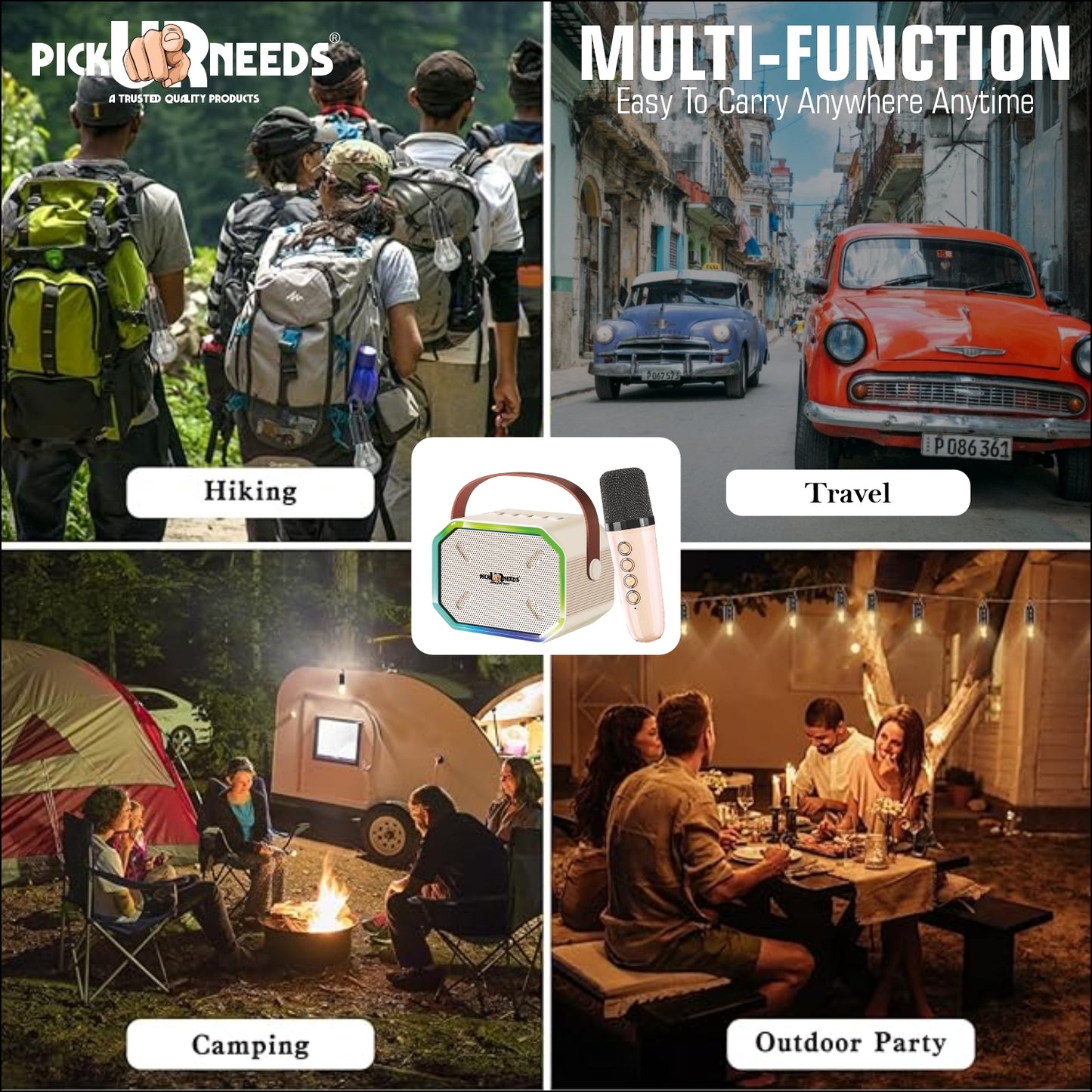 Pick Ur Needs 15W Portable Bluetooth Karaoke Speaker with Mic, 2000mAh Battery, Type-C Charging, RGB Lights, TF Card, Stereo Sound – Wireless Karaoke System (Black)