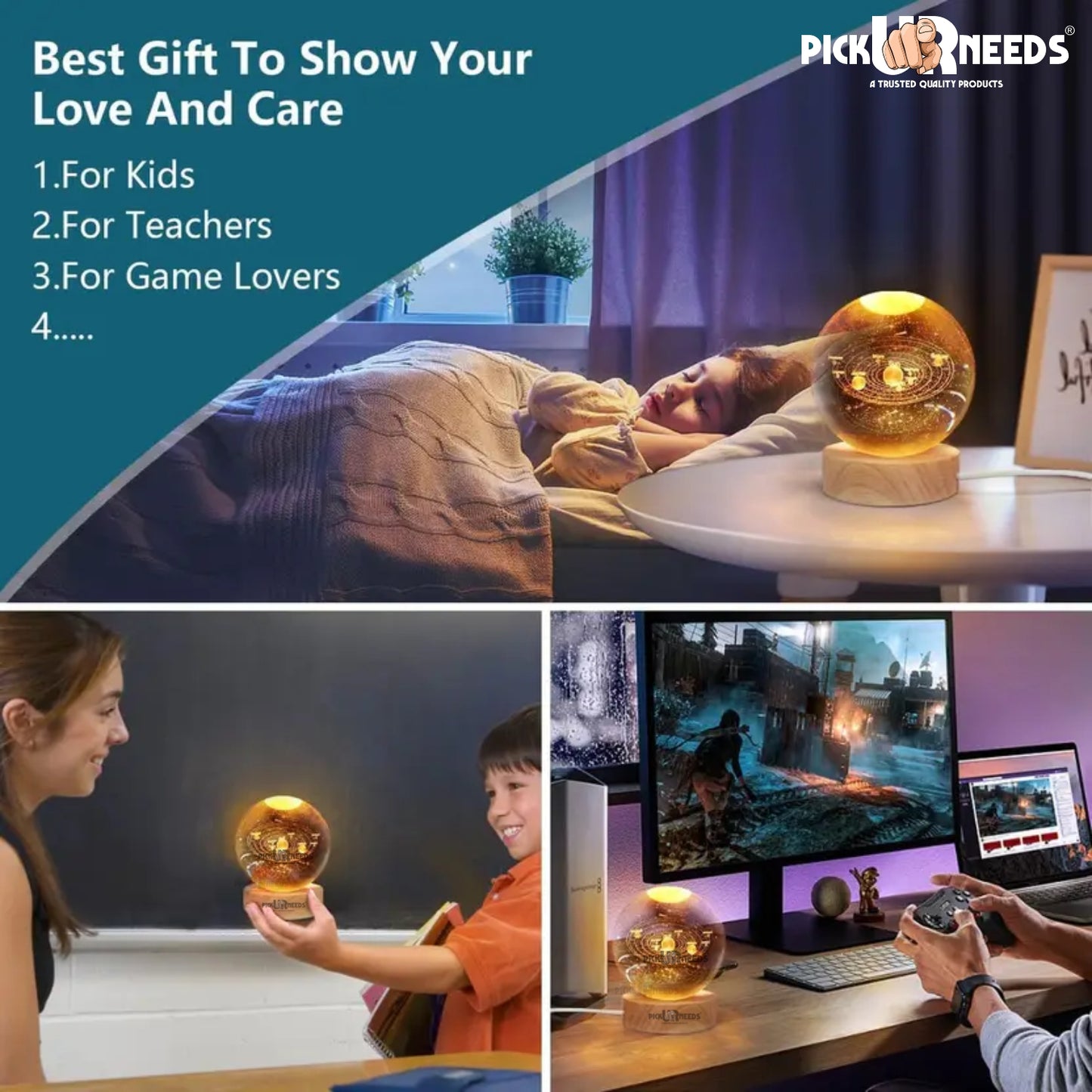 Pick Ur Needs 3D Galaxy Laxmi Ganesh Crystal Ball Night Light– Beech Wood Base– Decor for Home Night Lamp  (9.5 cm, Gold)