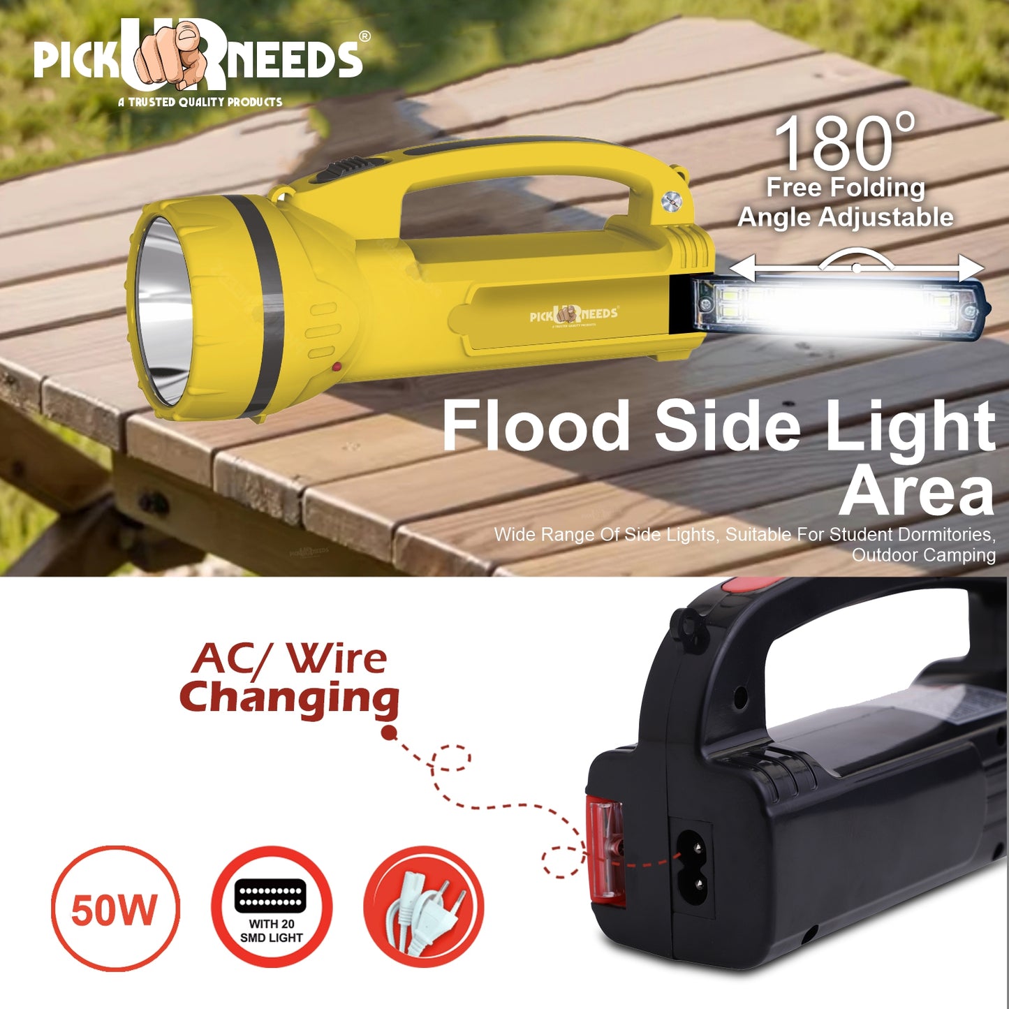 Pick Ur Needs 50W Long Range Rechargeable Search Laser with 1500mAh Battery, 18 SMD Bright 8 hrs Torch Emergency Light  (Yellow)