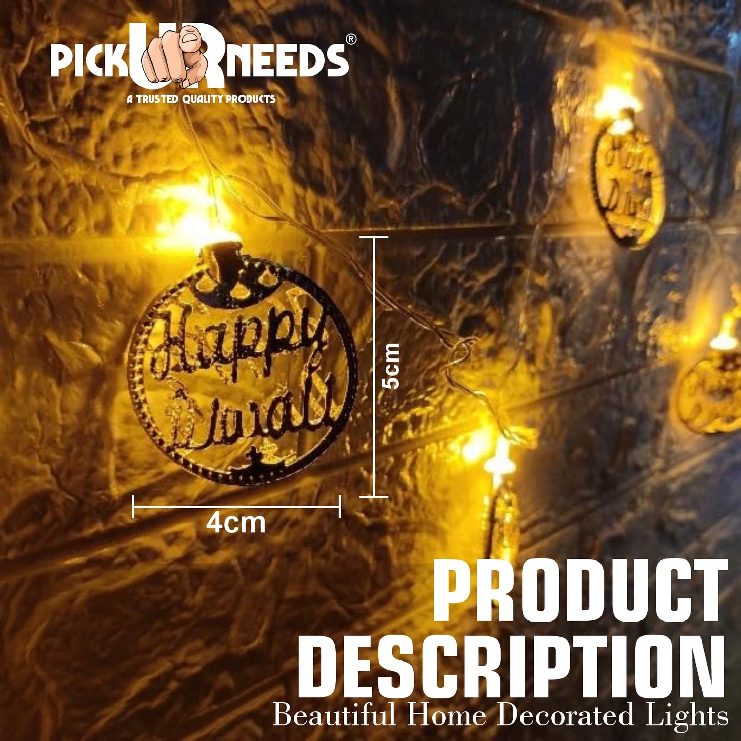 Pick Ur Needs Diwali String Lights Happy Diwali Metal Hanging Lights, Warm White Round 3D Ceiling Lamp