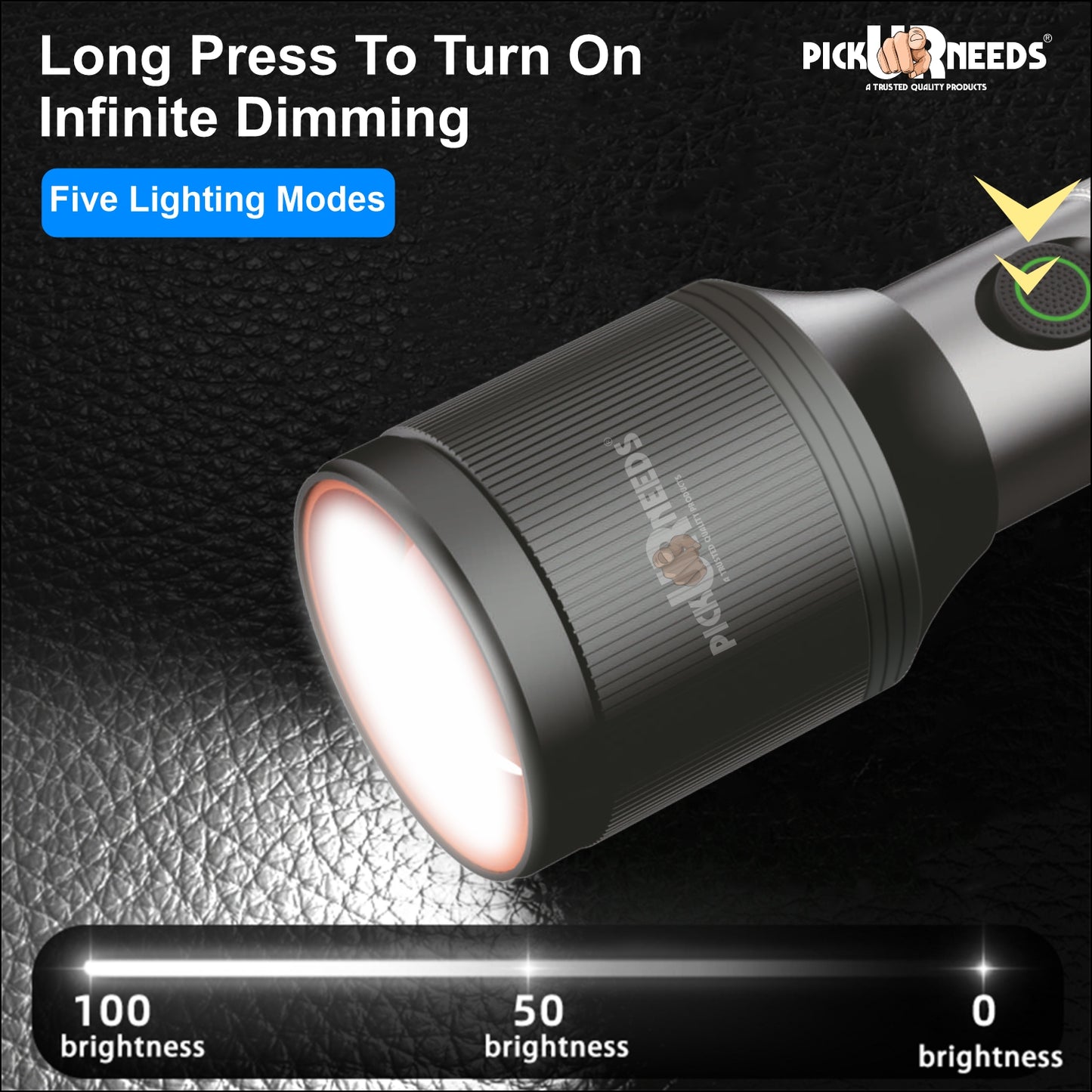 Pick Ur Needs 100W+100W LED Rechargeable Long Range Torch Light with 5 Lighting Modes Flashlight 1500mAh Battery Searchlight for Camping, Outdoor, Hiking, Emergency Use