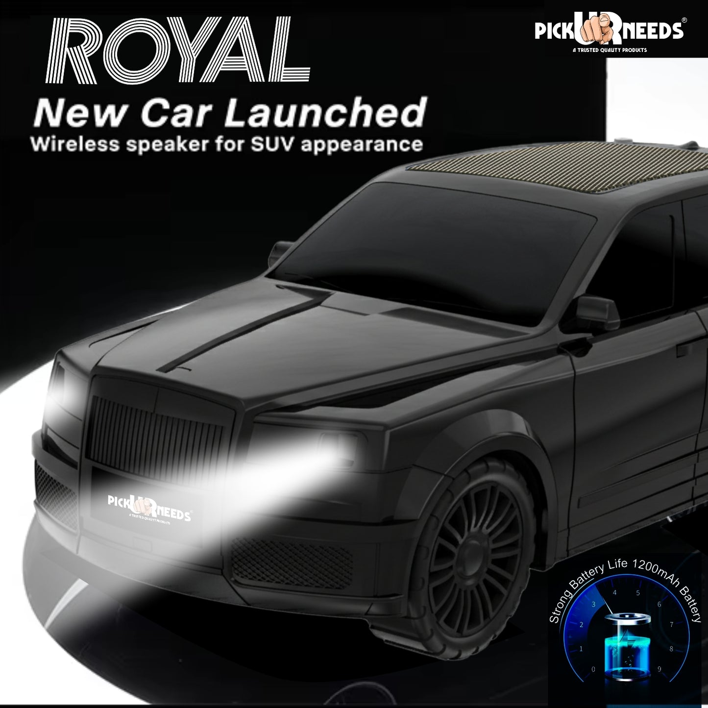 Pick Ur Needs Royal Car Shape Wireless Bluetooth Speaker 5W Powerful Deep Bass Sound, LED Headlights, Stylish Car Design 1200mAh Battery