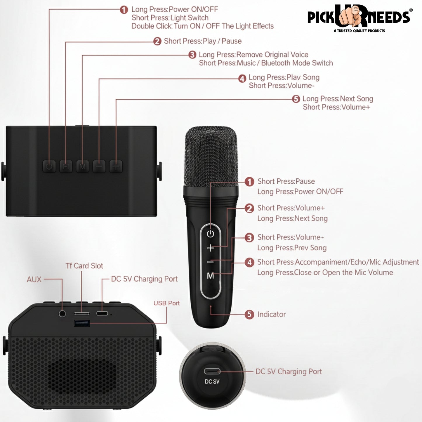 Pick Ur Needs 15W Portable Bluetooth Karaoke Speaker with Mic, 2000mAh Battery, Type-C Charging, RGB Lights, TF Card, Stereo Sound – Wireless Karaoke System (Black)