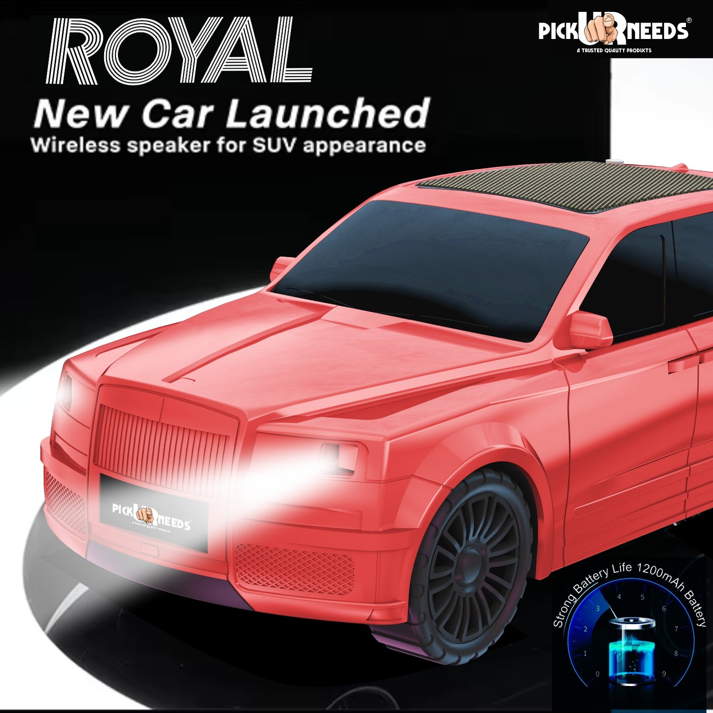 Pick Ur Needs Royal Car Shape Wireless Bluetooth Speaker 5W Powerful Deep Bass Sound, LED Headlights, Stylish Car Design 1200mAh Battery