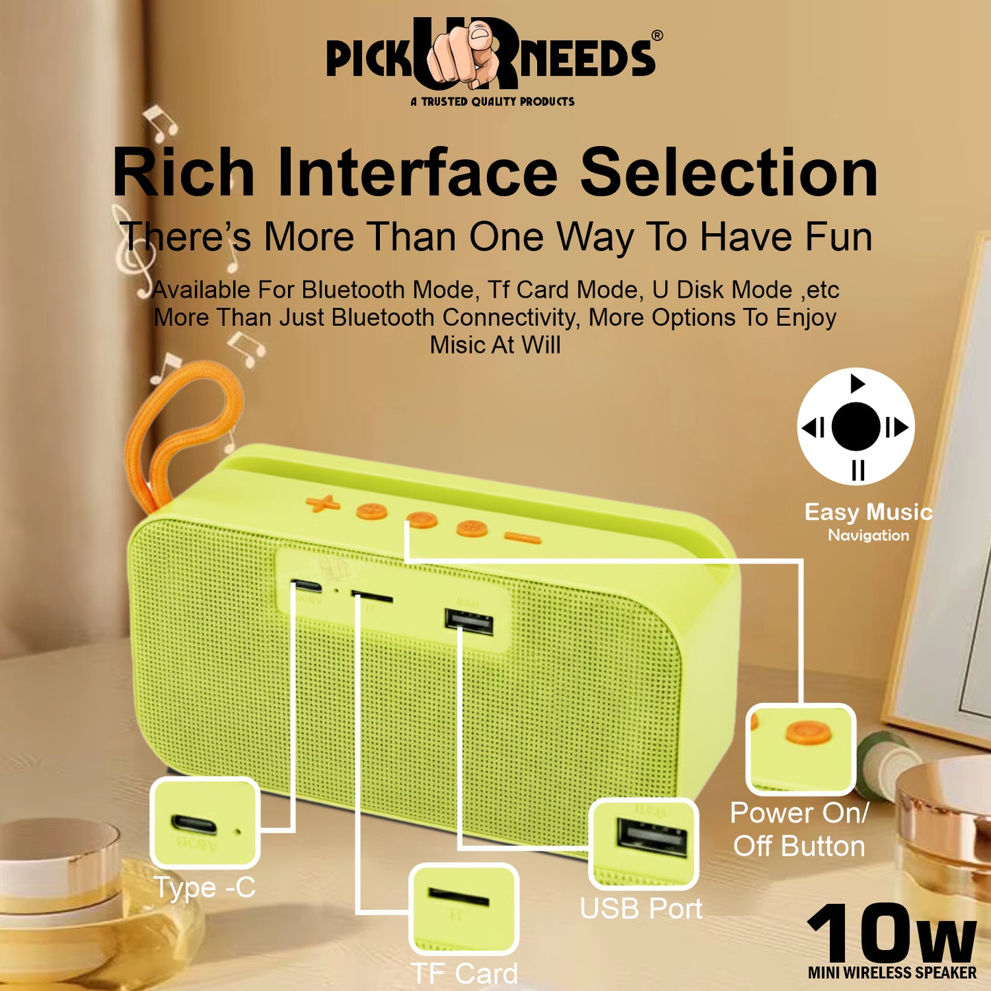 Pick Ur Needs 10W Portable Wireless Mini Bluetooth Speaker  1200mAh Battery  4H Playtime  Type-C, USB & TF Card Support