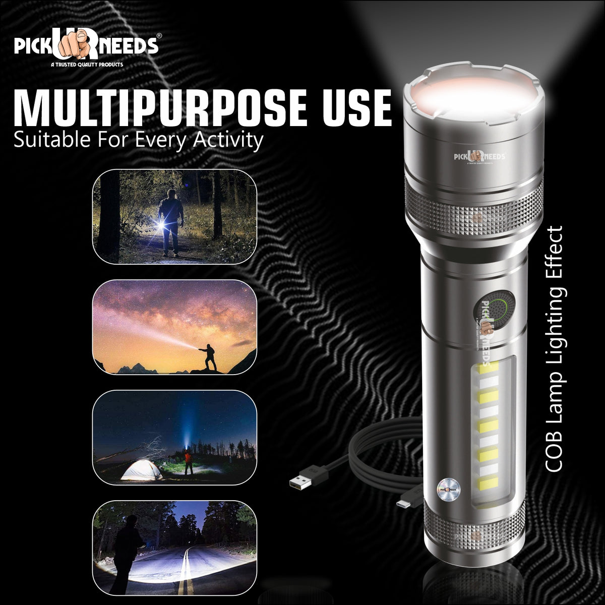 Pick Ur Needs 200W Rechargeable LED Flashlight with Zoom, Type-C Fast