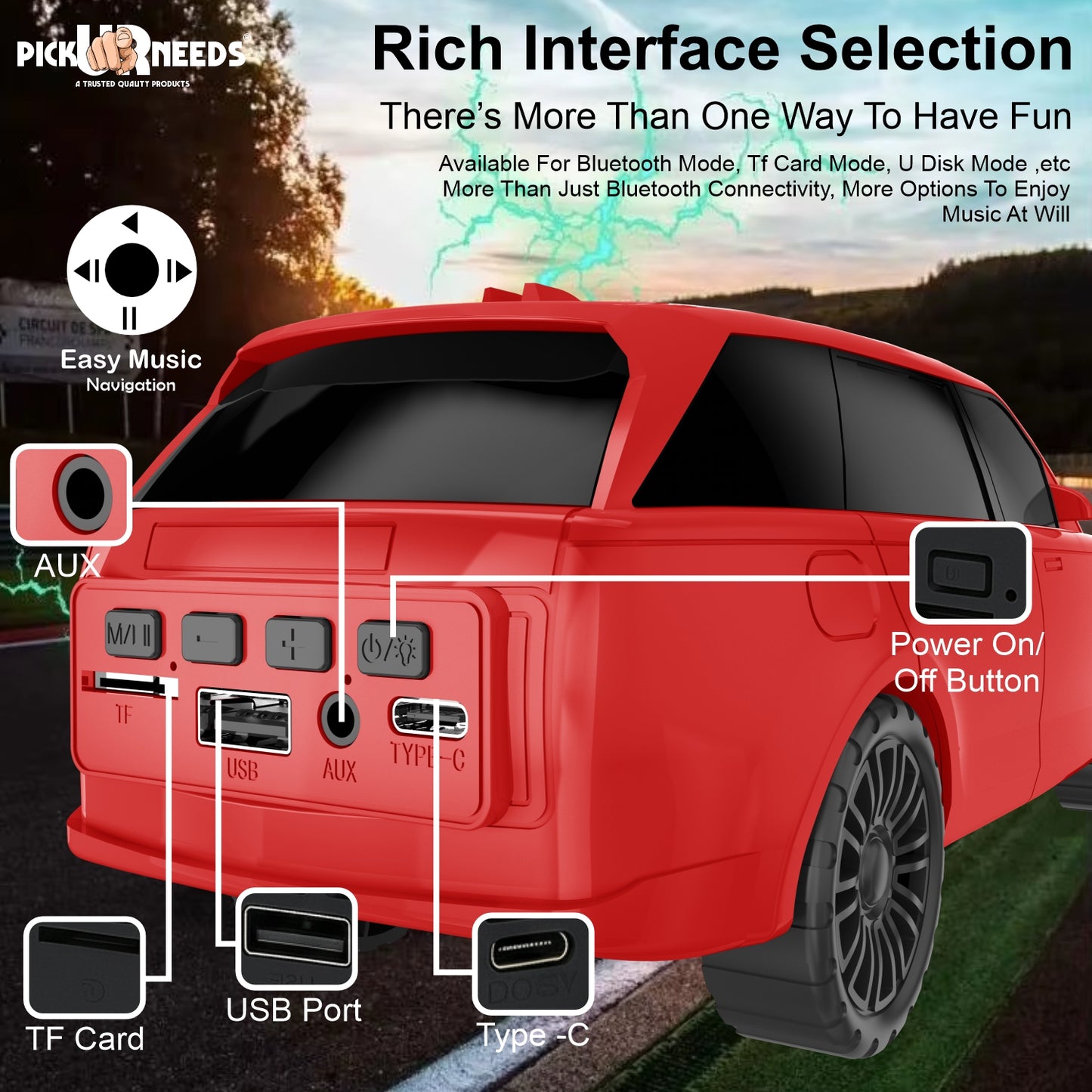 Pick Ur Needs Car Shape Wireless Bluetooth Portable Rechargeable Speaker LED Headlights  TF Card, USB, AUX, Type-C