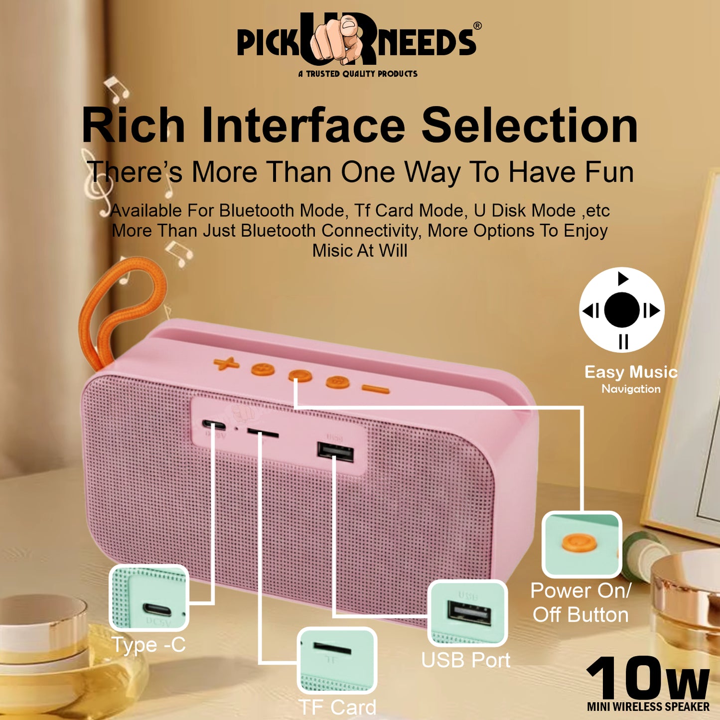 Pick Ur Needs 10W Portable Wireless Mini Bluetooth Speaker  1200mAh Battery  4H Playtime  Type-C, USB & TF Card Support
