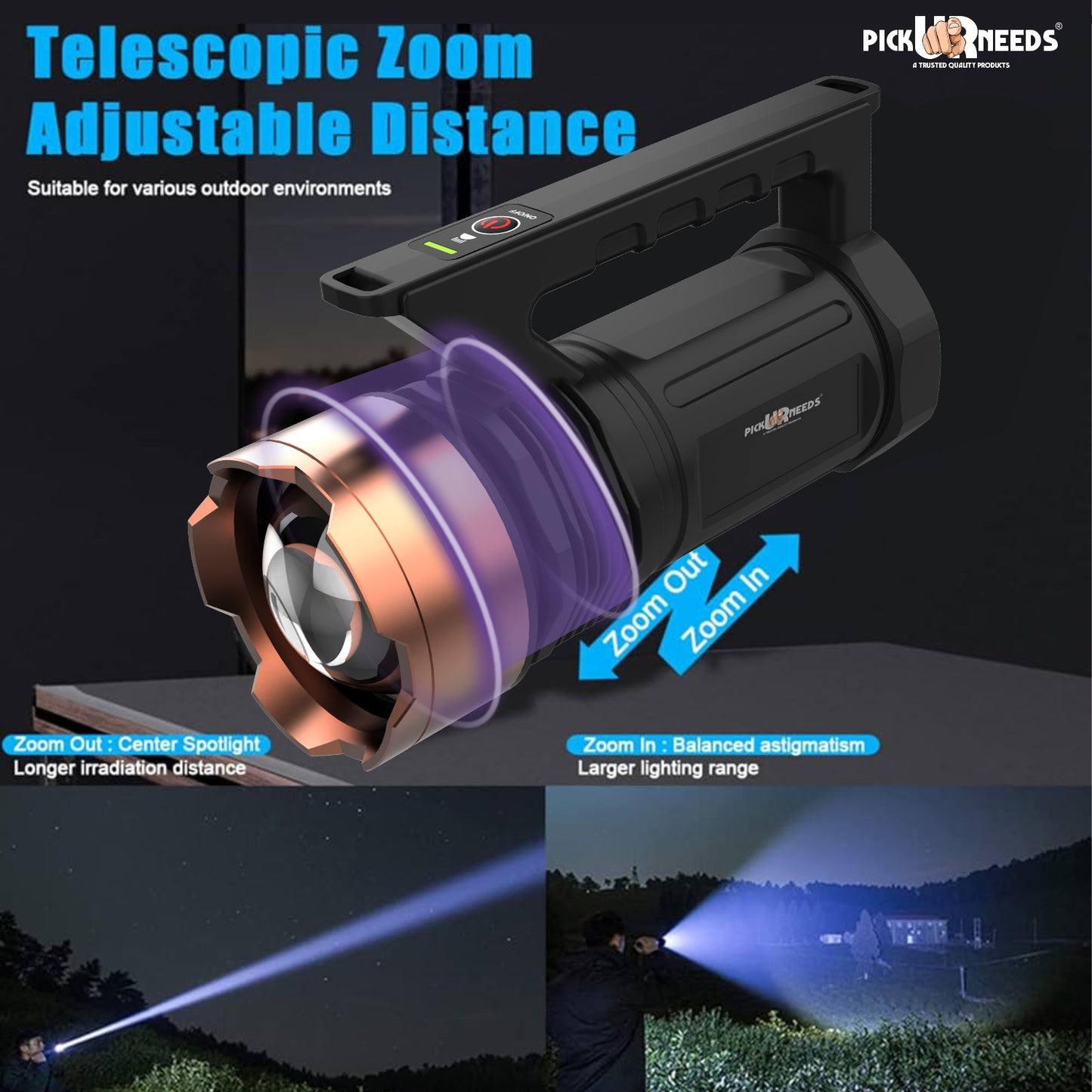 Pick Ur Needs Adjustable Focus 250 Watt Laser Torch Light 6000mAh Lithium Battery Metal Head 5 hrs Torch Emergency Light  (Copper)