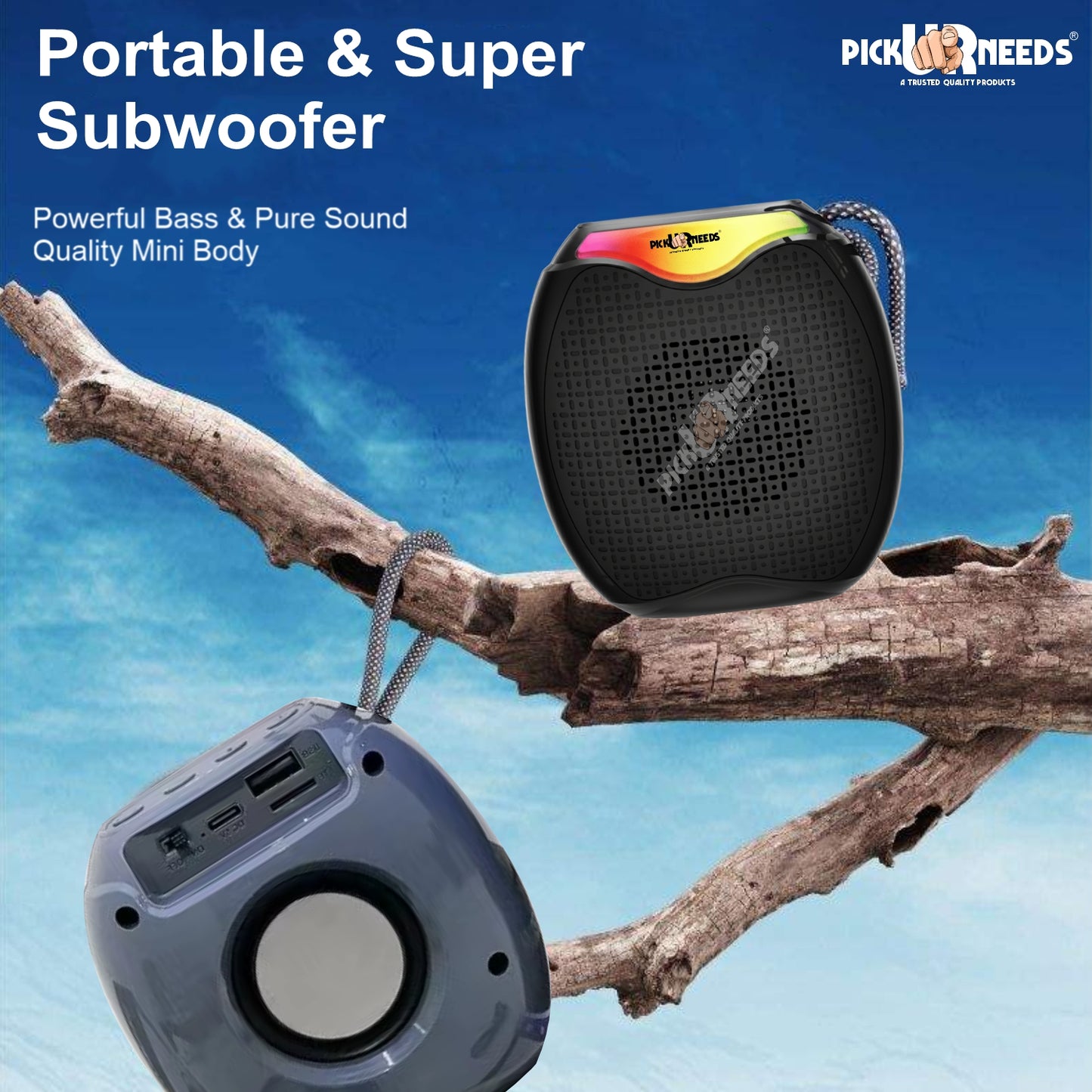 Pick Ur Needs 12W Portable Wireless Bluetooth Speaker with RGB Lights, 800mAh Battery, TWS, FM Radio, TF Card, USB 10m Wireless Transmission