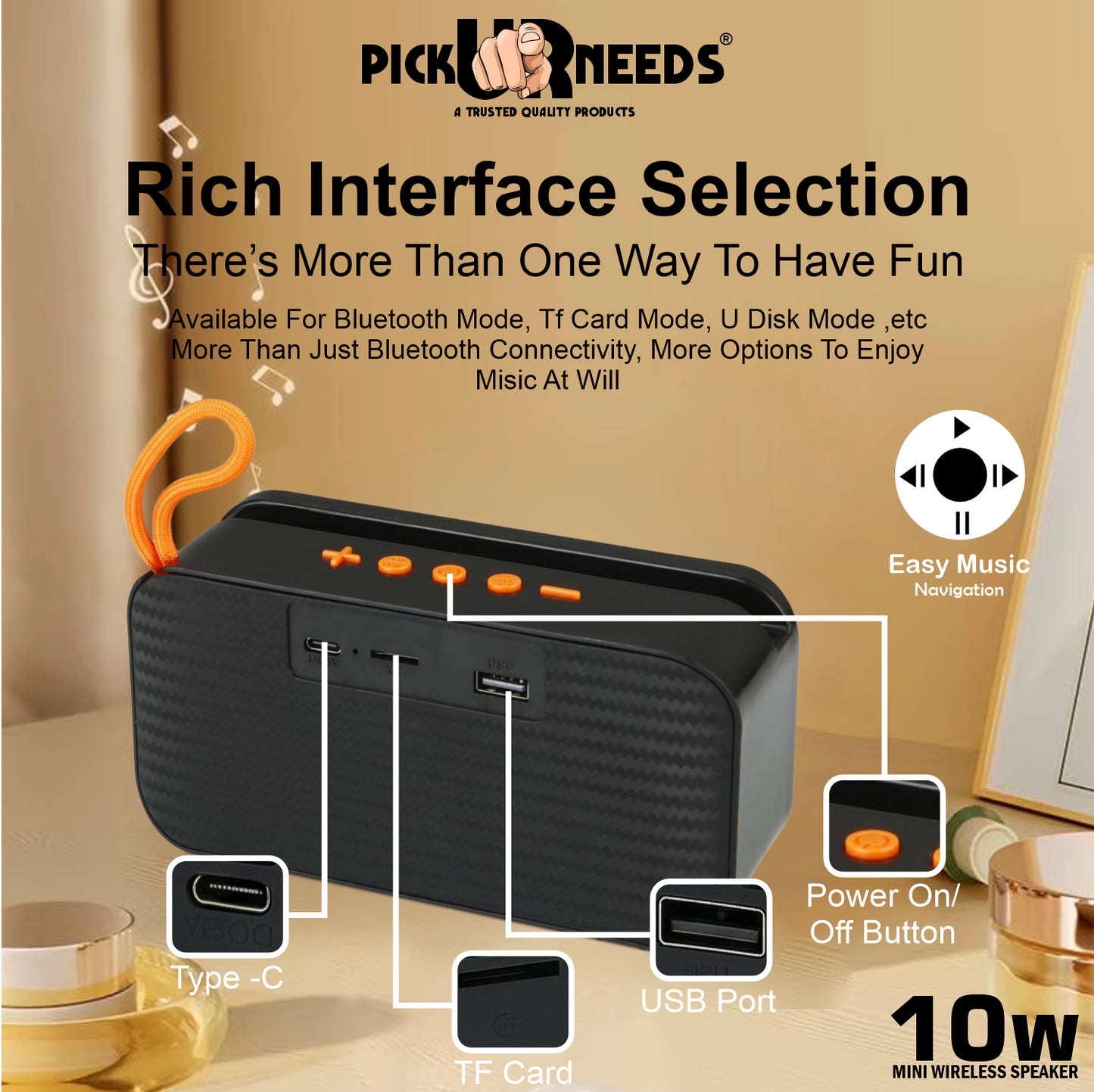 Pick Ur Needs 10W Portable Wireless Mini Bluetooth Speaker  1200mAh Battery  4H Playtime  Type-C, USB & TF Card Support