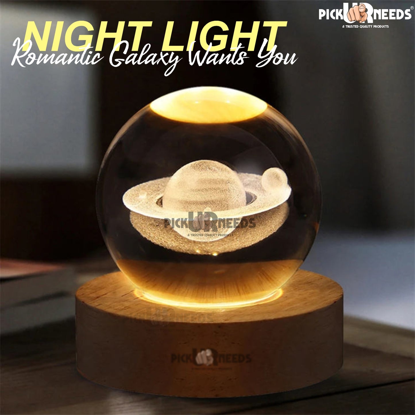 Pick Ur Needs 3D Galaxy Laxmi Ganesh Crystal Ball Night Light– Beech Wood Base– Decor for Home Night Lamp  (9.5 cm, Gold)