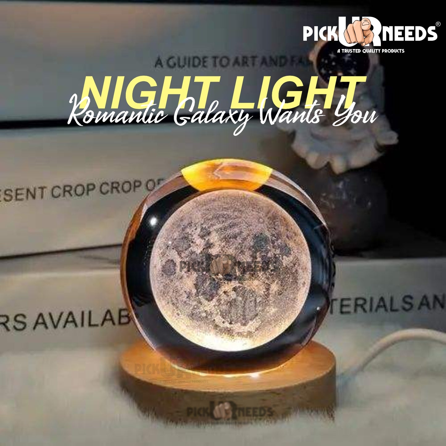 Pick Ur Needs 3D Galaxy Laxmi Ganesh Crystal Ball Night Light– Beech Wood Base– Decor for Home Night Lamp  (9.5 cm, Gold)