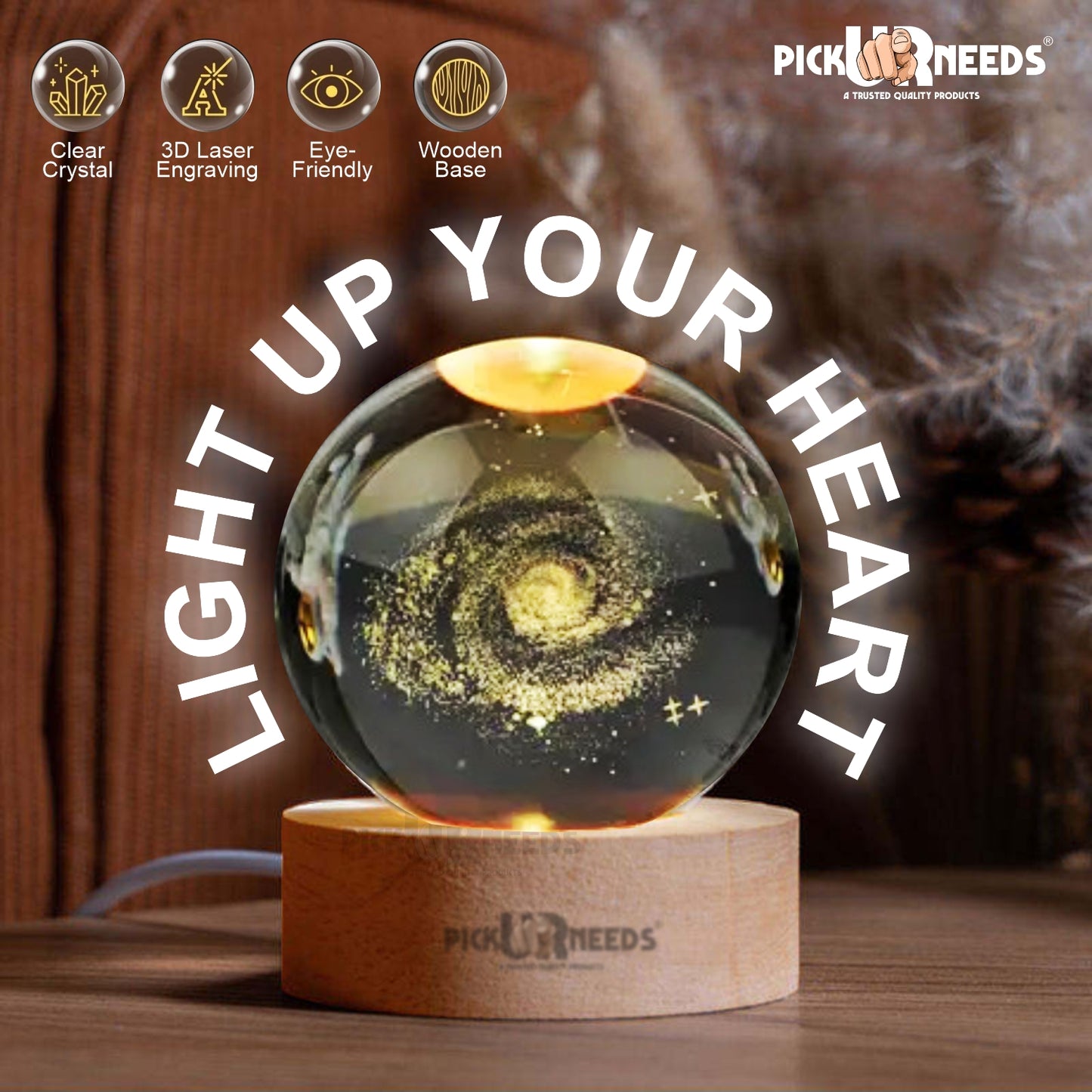 Pick Ur Needs 3D Galaxy Laxmi Ganesh Crystal Ball Night Light– Beech Wood Base– Decor for Home Night Lamp  (9.5 cm, Gold)