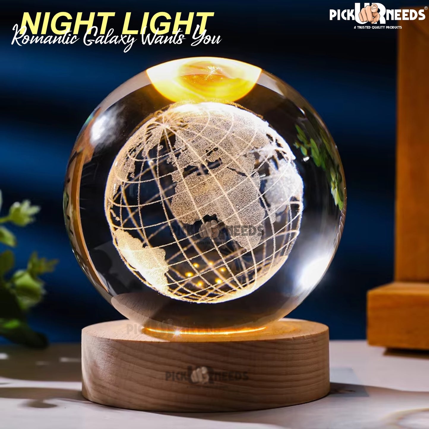 Pick Ur Needs 3D Galaxy Laxmi Ganesh Crystal Ball Night Light– Beech Wood Base– Decor for Home Night Lamp  (9.5 cm, Gold)