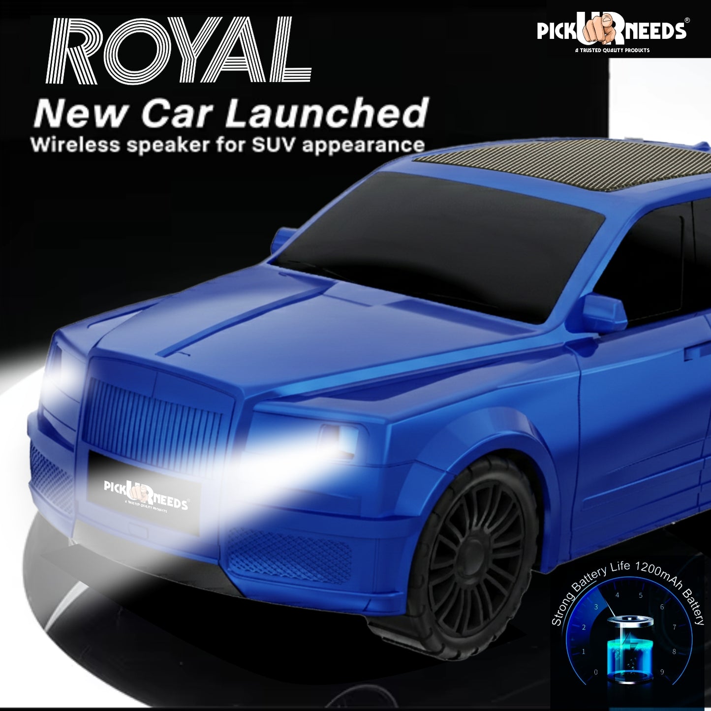 Pick Ur Needs Royal Car Shape Wireless Bluetooth Speaker 5W Powerful Deep Bass Sound, LED Headlights, Stylish Car Design 1200mAh Battery