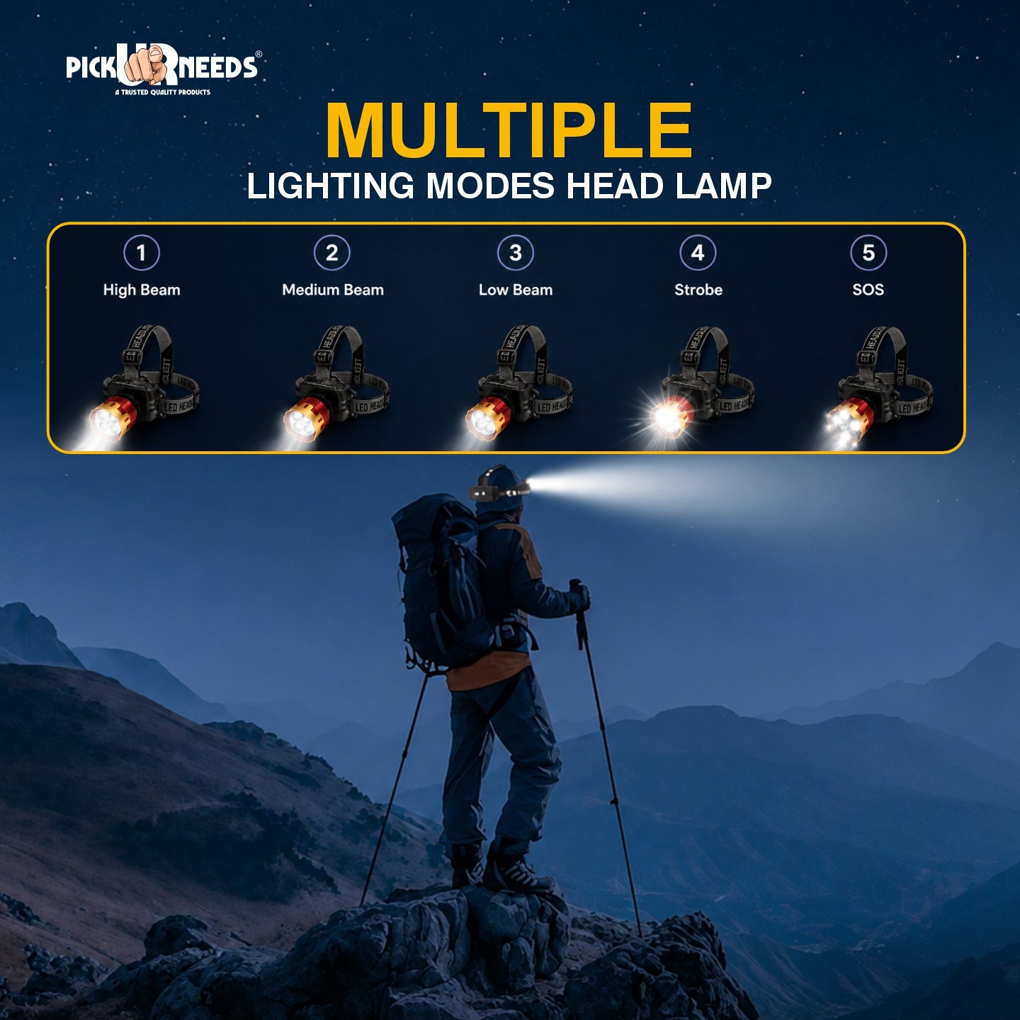 Pick Ur Needs 200W Rechargeable LED Headlamp Torch with Adjustable Elastic Head Strap 10 hrs Torch Emergency Light (Black, Red, Gold)