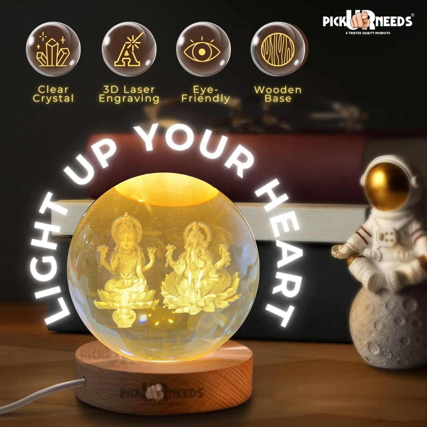 Pick Ur Needs 3D Galaxy Laxmi Ganesh Crystal Ball Night Light– Beech Wood Base– Decor for Home Night Lamp  (9.5 cm, Gold)