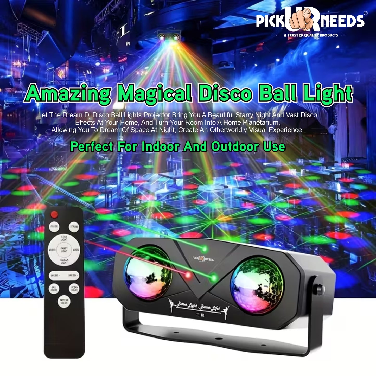 Pick Ur Needs Dual Lens Party Light Projector with Remote – Sound Activated LED Disco Ball Light with RGB Laser & Strobe Effects for Home Party, Club, DJ, Wedding, Stage Lighting – Plug & Play