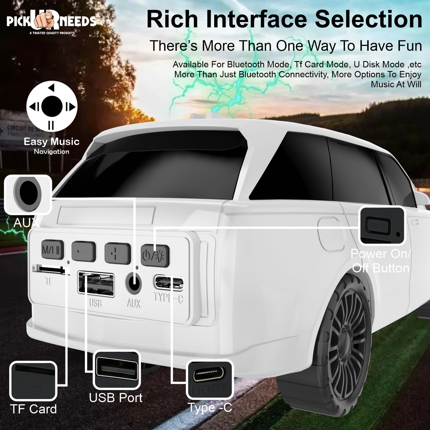Pick Ur Needs Car Shape Wireless Bluetooth Portable Rechargeable Speaker LED Headlights  TF Card, USB, AUX, Type-C