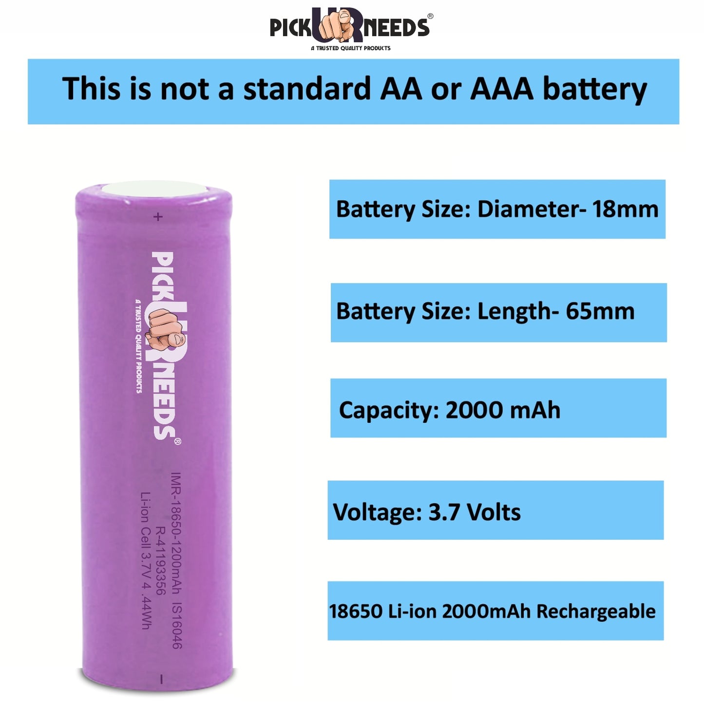 Pick Ur Needs 18650 Rechargeable Battery offers 2000mAh capacity, up to 1000 charge cycles, and high energy density. Ideal for high-drain devices, it ensures long-lasting, eco-friendly power with safety features for overcharge and discharge protection.