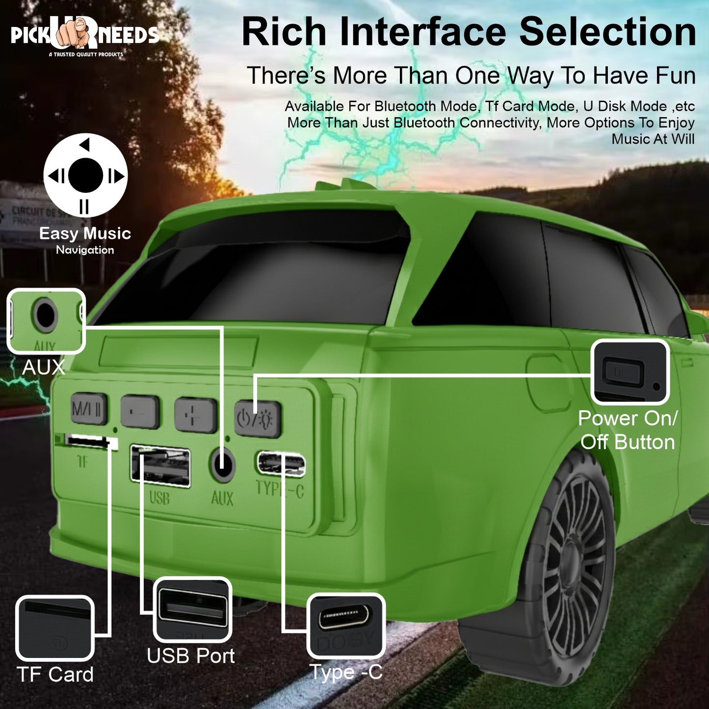 Pick Ur Needs Car Shape Wireless Bluetooth Portable Rechargeable Speaker LED Headlights  TF Card, USB, AUX, Type-C