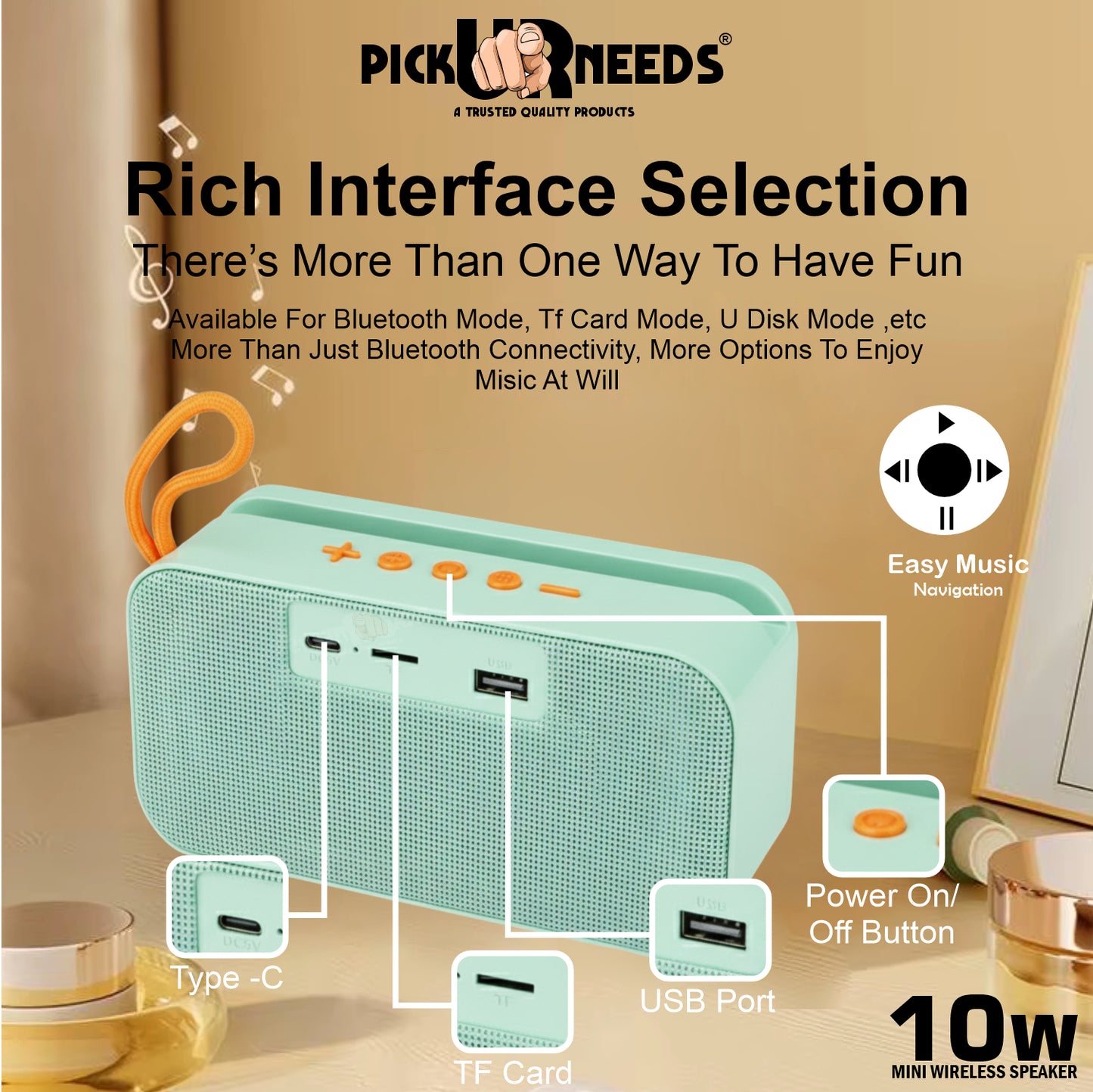 Pick Ur Needs 10W Portable Wireless Mini Bluetooth Speaker  1200mAh Battery  4H Playtime  Type-C, USB & TF Card Support