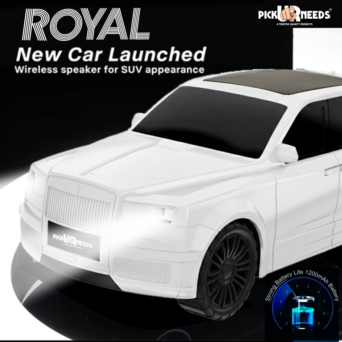 Pick Ur Needs Royal Car Shape Wireless Bluetooth Speaker 5W Powerful Deep Bass Sound, LED Headlights, Stylish Car Design 1200mAh Battery