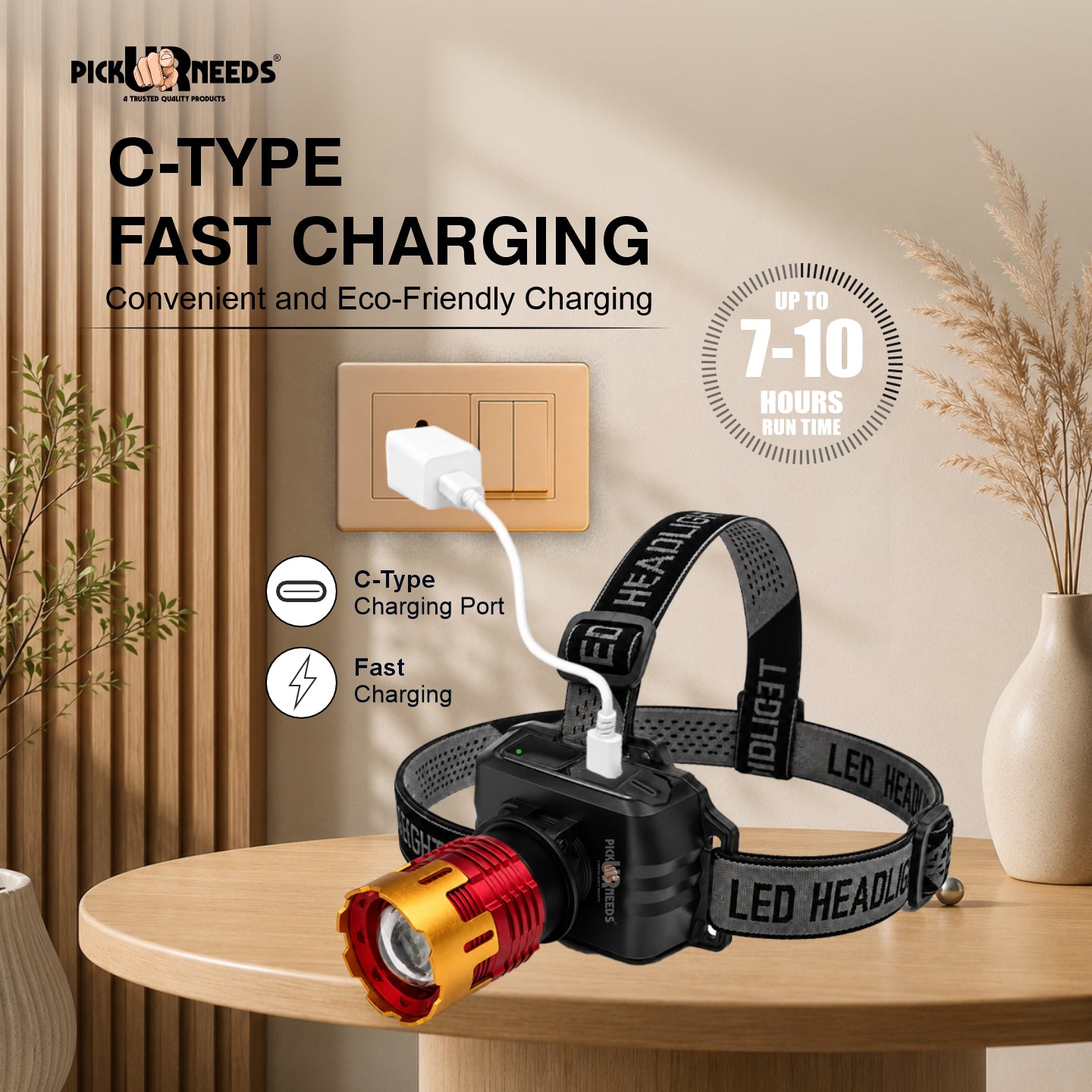 Pick Ur Needs 200W Rechargeable LED Headlamp Torch with Adjustable Elastic Head Strap 10 hrs Torch Emergency Light (Black, Red, Gold)