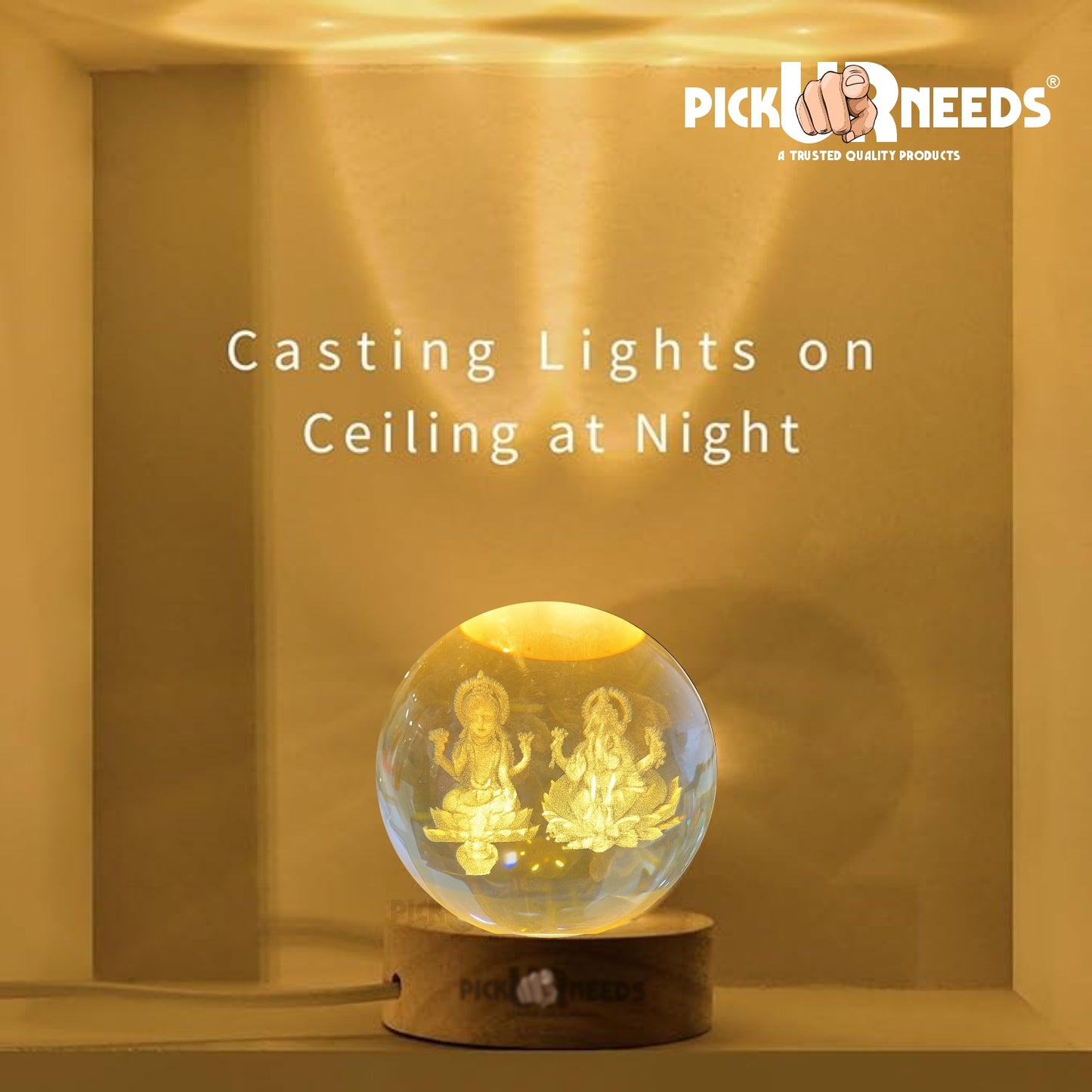 Pick Ur Needs 3D Galaxy Laxmi Ganesh Crystal Ball Night Light– Beech Wood Base– Decor for Home Night Lamp  (9.5 cm, Gold)