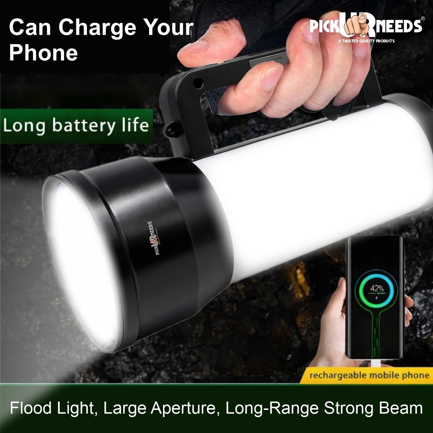 Pick Ur Needs 200W Rechargeable Emergency LED Long Range Distance Search Torch Light with 3600mAh Battery, Type-C Fast Charging Dual Mode Front & Side Light