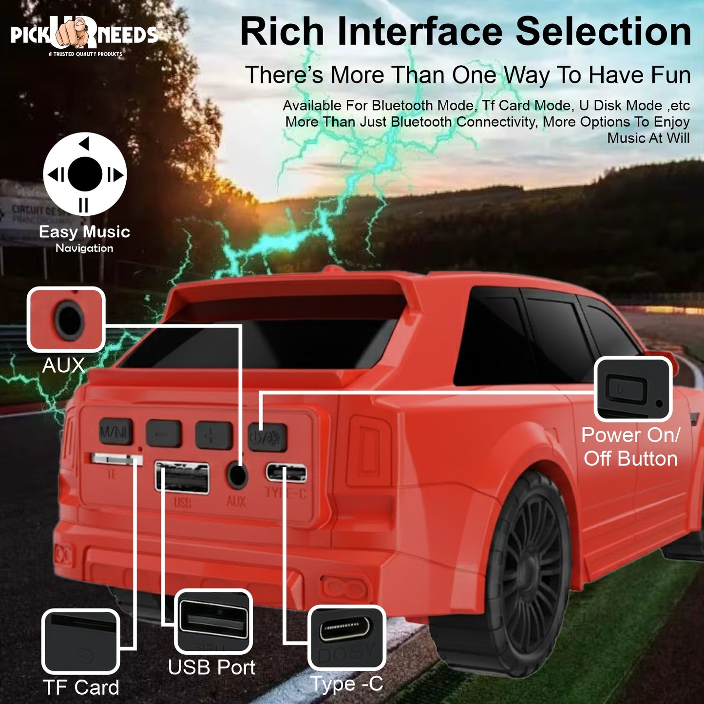 Pick Ur Needs Royal Car Shape Wireless Bluetooth Speaker 5W Powerful Deep Bass Sound, LED Headlights, Stylish Car Design 1200mAh Battery