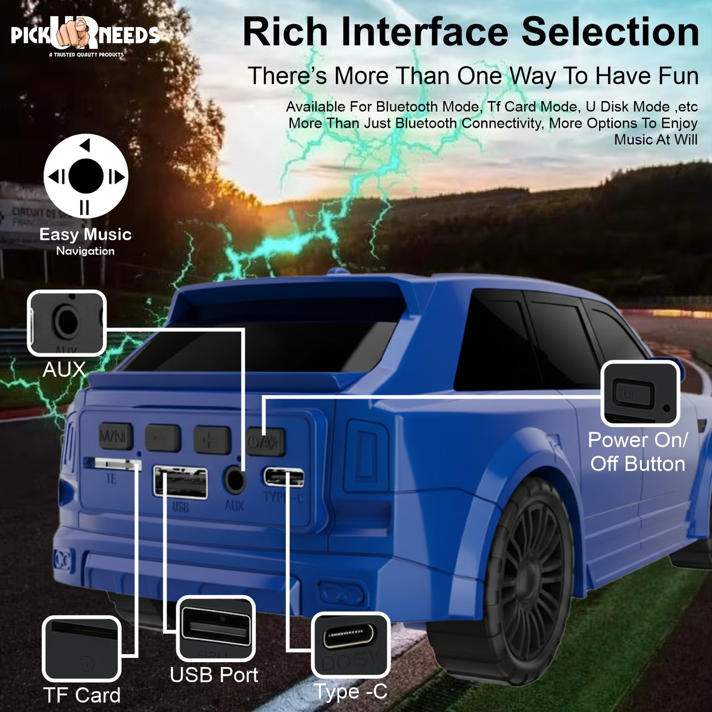 Pick Ur Needs Royal Car Shape Wireless Bluetooth Speaker 5W Powerful Deep Bass Sound, LED Headlights, Stylish Car Design 1200mAh Battery