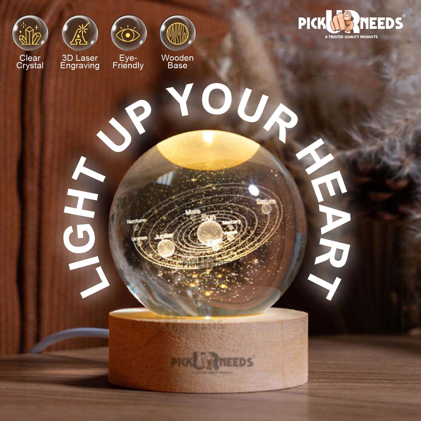 Pick Ur Needs 3D Galaxy Laxmi Ganesh Crystal Ball Night Light– Beech Wood Base– Decor for Home Night Lamp  (9.5 cm, Gold)