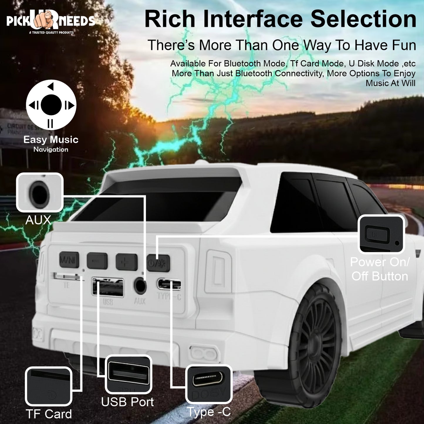 Pick Ur Needs Royal Car Shape Wireless Bluetooth Speaker 5W Powerful Deep Bass Sound, LED Headlights, Stylish Car Design 1200mAh Battery