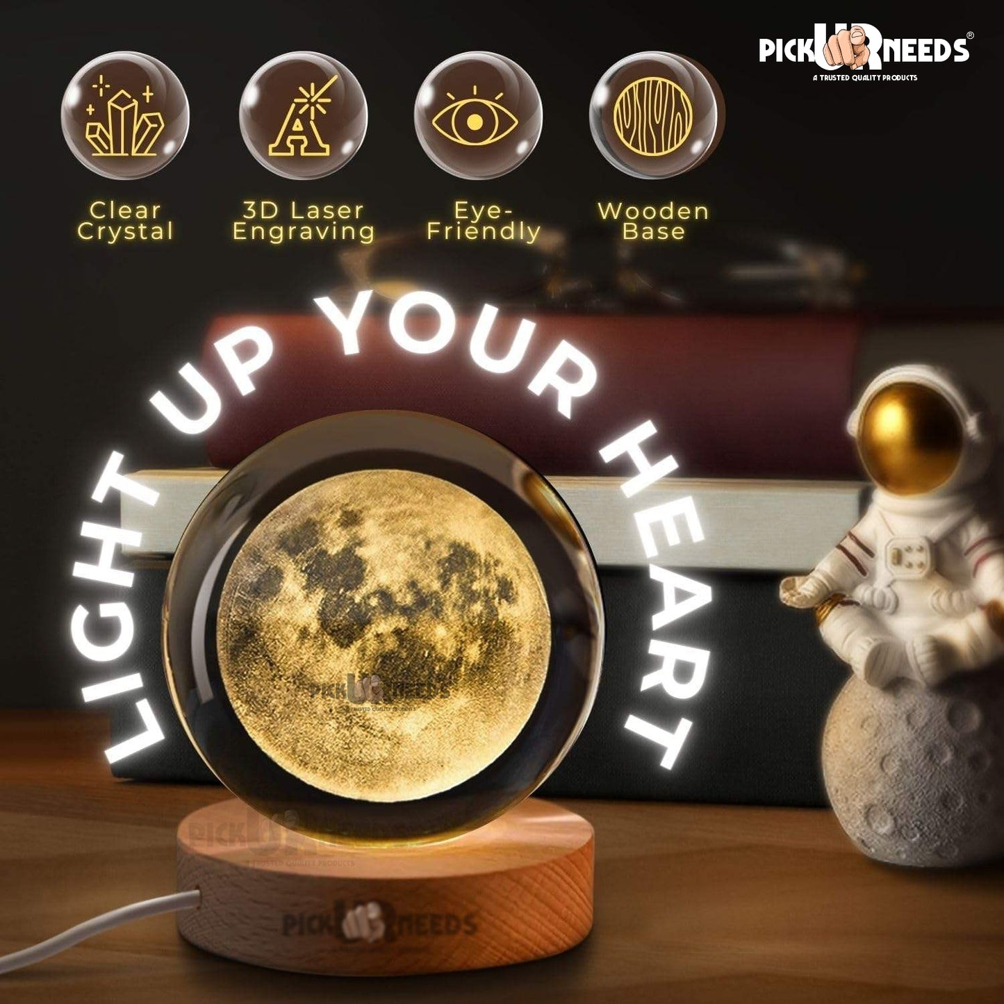 Pick Ur Needs 3D Galaxy Laxmi Ganesh Crystal Ball Night Light– Beech Wood Base– Decor for Home Night Lamp  (9.5 cm, Gold)