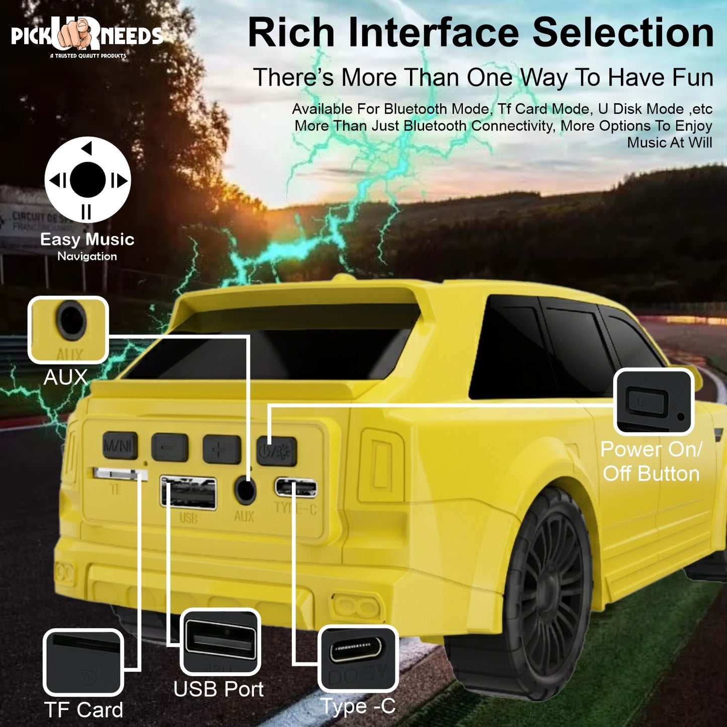 Pick Ur Needs Royal Car Shape Wireless Bluetooth Speaker 5W Powerful Deep Bass Sound, LED Headlights, Stylish Car Design 1200mAh Battery