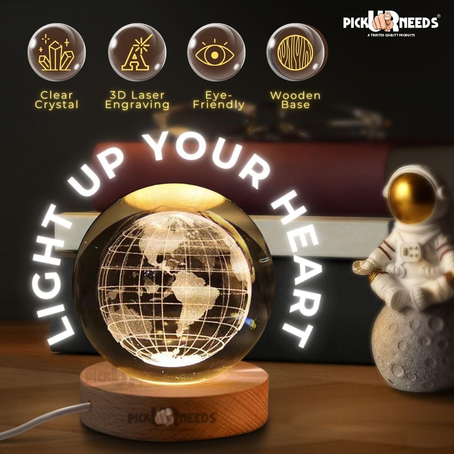 Pick Ur Needs 3D Galaxy Laxmi Ganesh Crystal Ball Night Light– Beech Wood Base– Decor for Home Night Lamp  (9.5 cm, Gold)