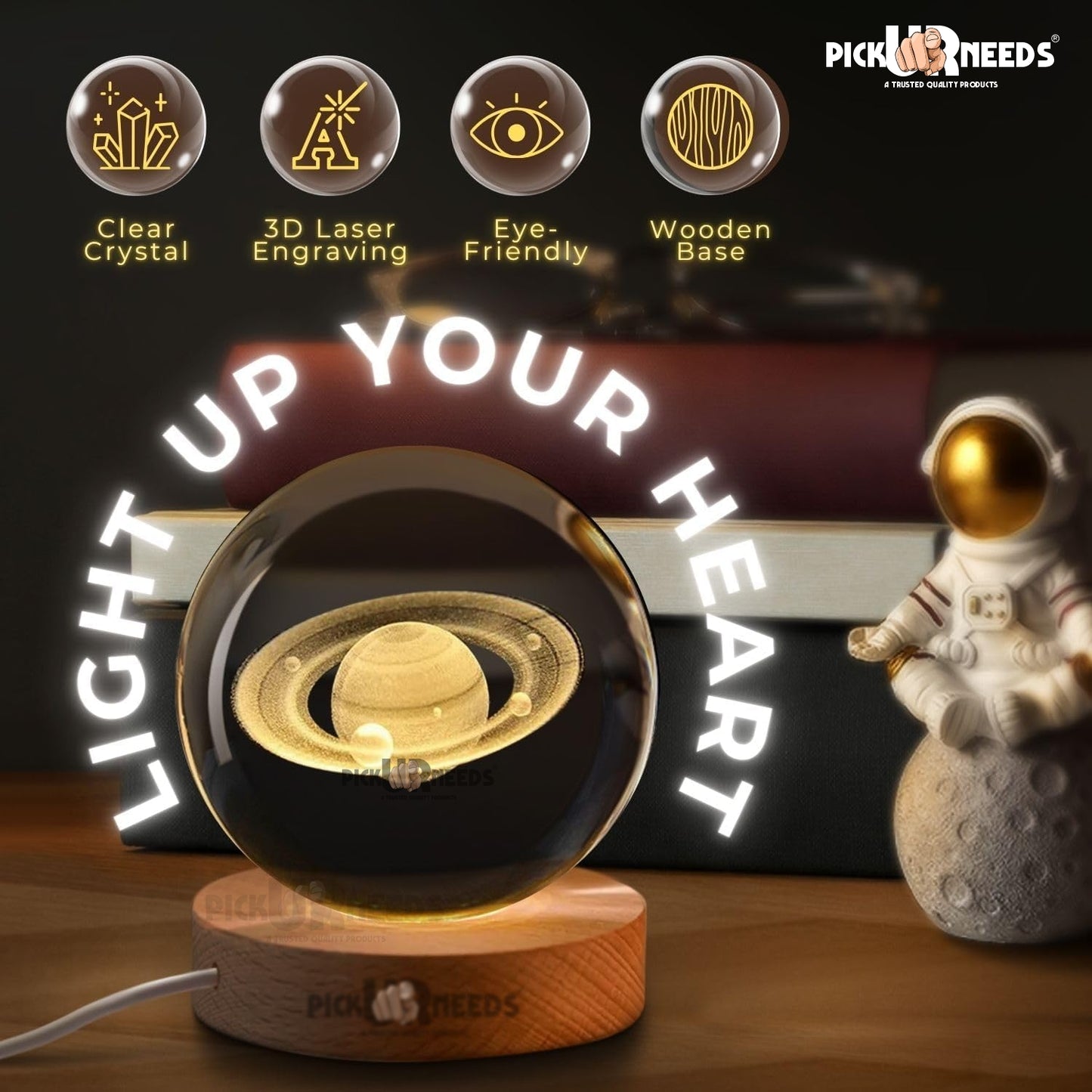 Pick Ur Needs 3D Galaxy Laxmi Ganesh Crystal Ball Night Light– Beech Wood Base– Decor for Home Night Lamp  (9.5 cm, Gold)