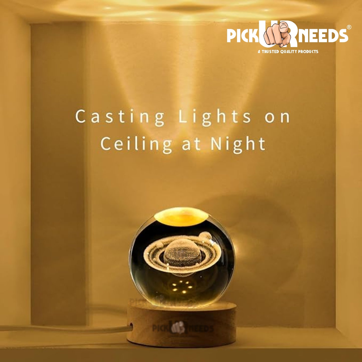 Pick Ur Needs 3D Galaxy Laxmi Ganesh Crystal Ball Night Light– Beech Wood Base– Decor for Home Night Lamp  (9.5 cm, Gold)