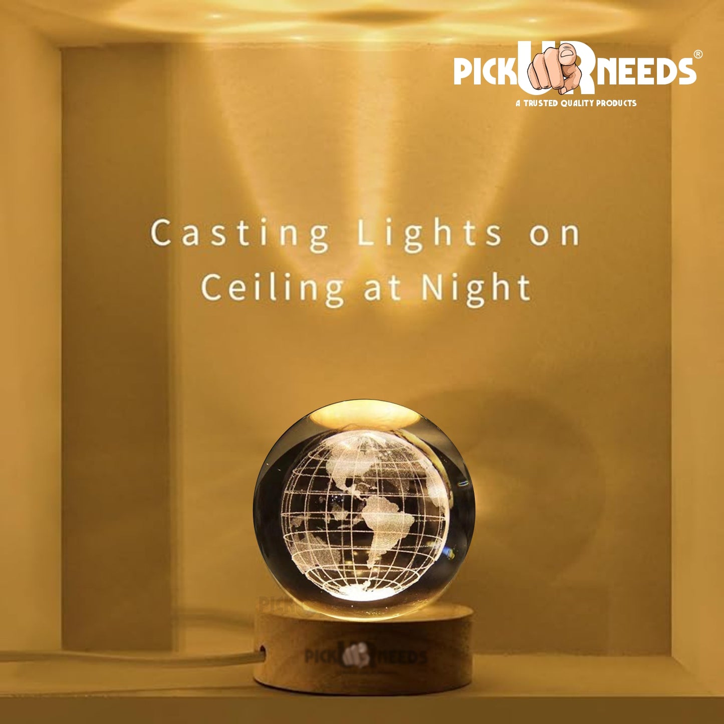 Pick Ur Needs 3D Galaxy Laxmi Ganesh Crystal Ball Night Light– Beech Wood Base– Decor for Home Night Lamp  (9.5 cm, Gold)