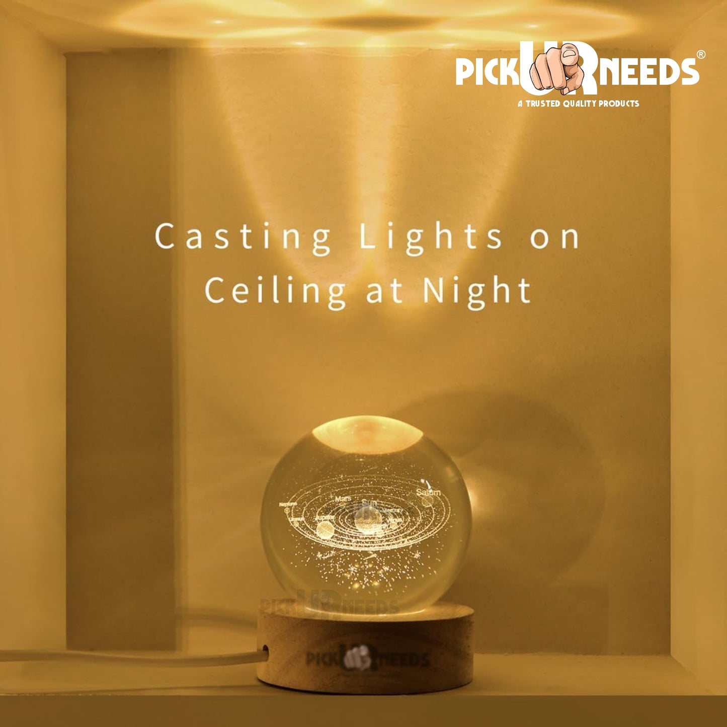 Pick Ur Needs 3D Galaxy Laxmi Ganesh Crystal Ball Night Light– Beech Wood Base– Decor for Home Night Lamp  (9.5 cm, Gold)
