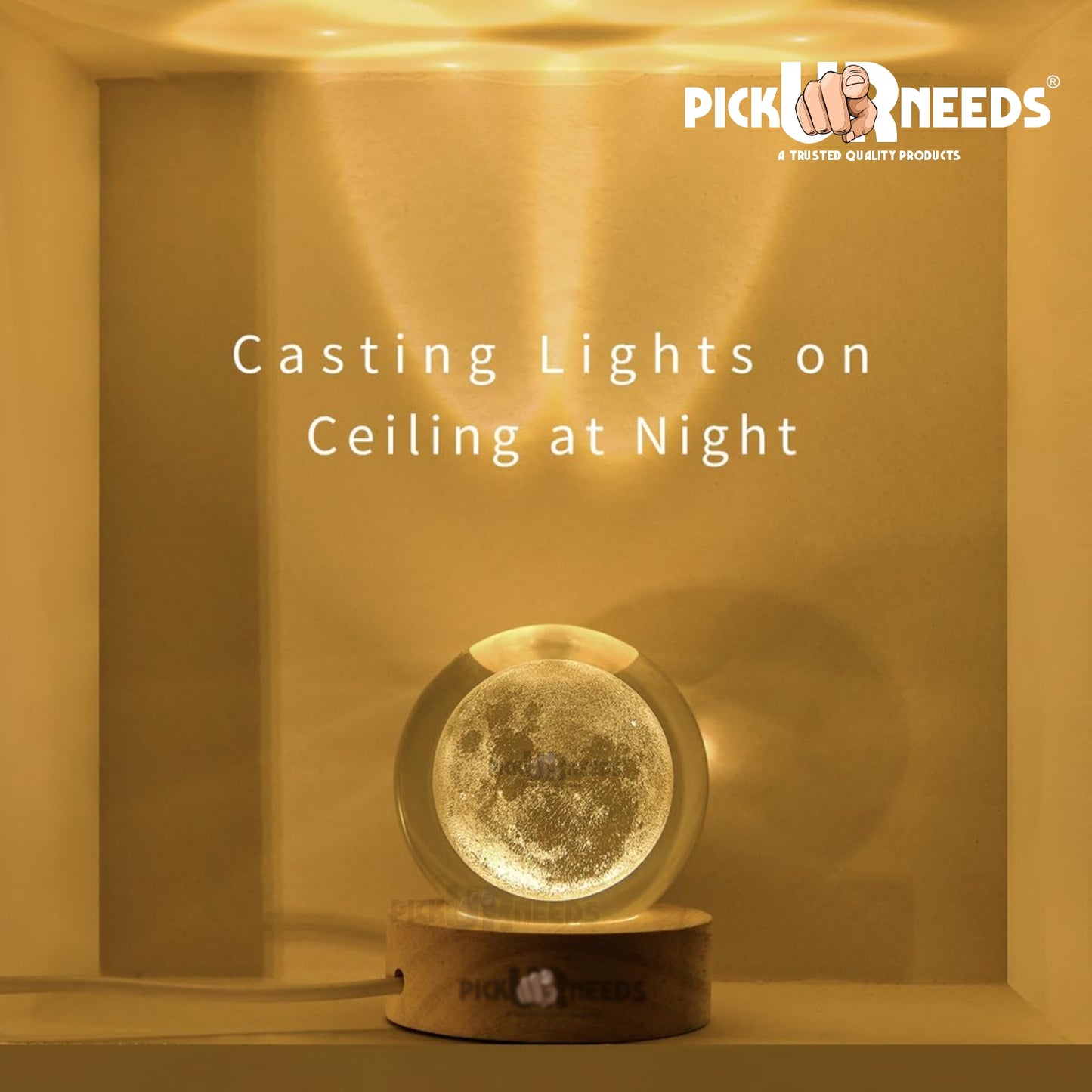 Pick Ur Needs 3D Galaxy Laxmi Ganesh Crystal Ball Night Light– Beech Wood Base– Decor for Home Night Lamp  (9.5 cm, Gold)