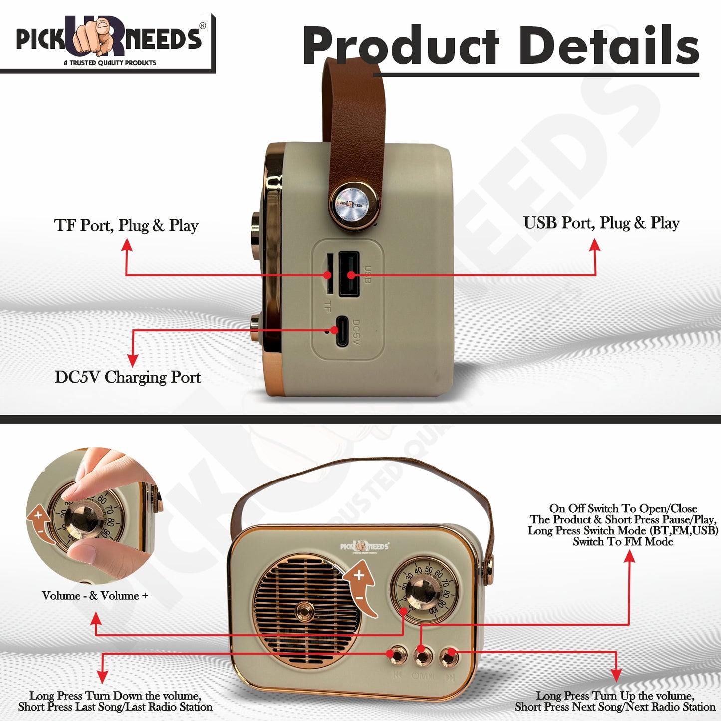 Pick Ur Needs Portable Wireless Bluetooth Speaker With Premium Design TF Card/ USB Support TWS 5 W Bluetooth Speaker  (Cream, 5.0 Channel)