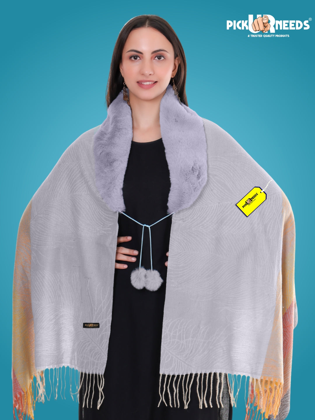 Pick Ur Needs Women’s Winter Shawl  Soft Woolen Stole with Faux Fur Collar  Elegant Poncho Shrug Wrap for Winter Warm Designer Scarf for Ladies