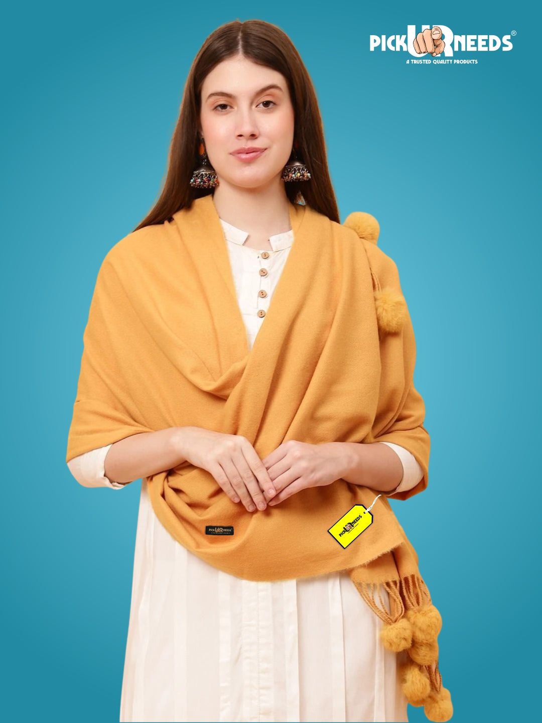 Pick Ur Needs Premium Women’s Wool Blend Scarf Soft Woolen Shawl Winter Stole with Tassels & Pom Poms