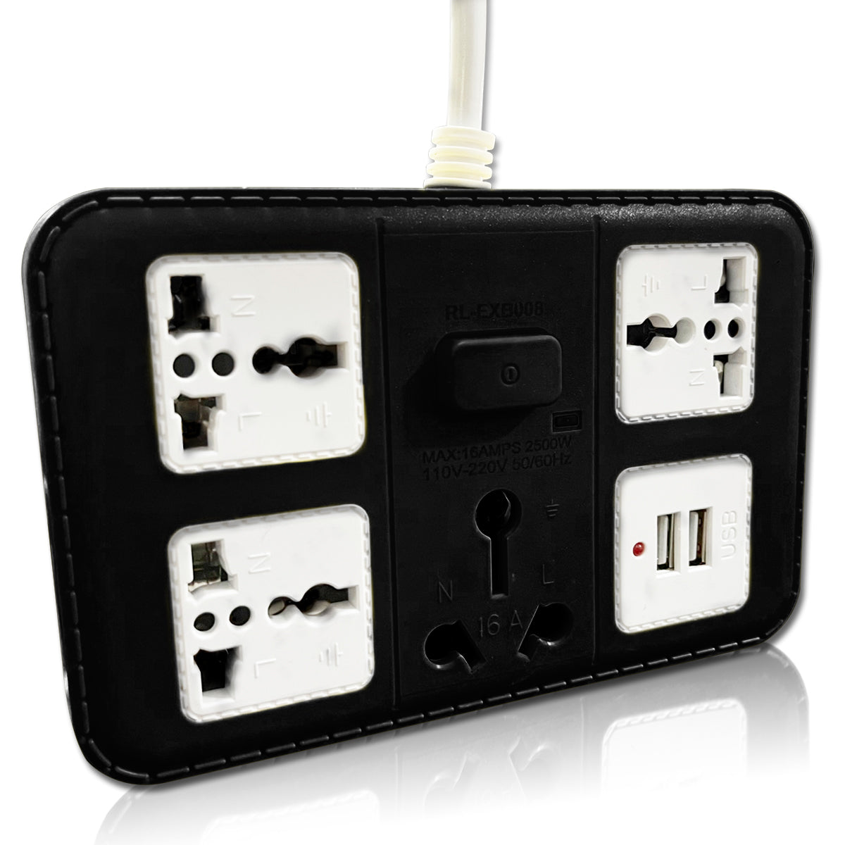 Pick Ur Needs  220 volts Extension Cord with 2 USB Charging Ports and 3 Socket + 1 Master Switch - 16 AMP Heavy Duty for Multiple