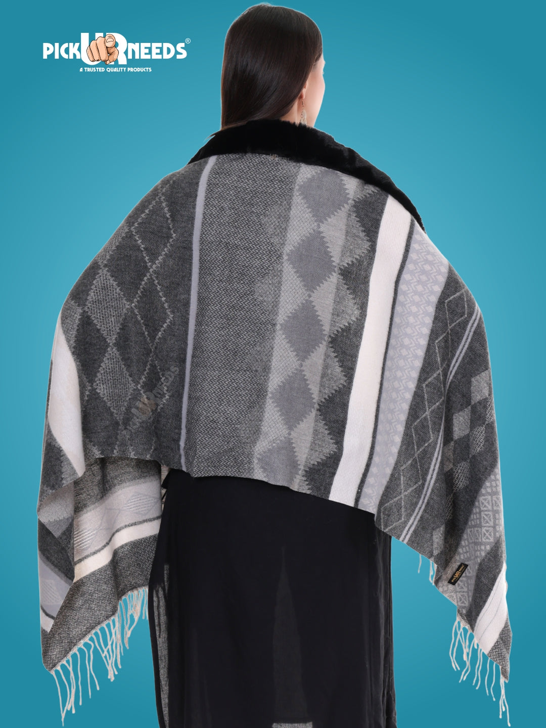 Pick Ur Needs Elegant Winter Soft & Warm Woolen Shawl with Faux Fur Border Multi Color Pattern Scarf