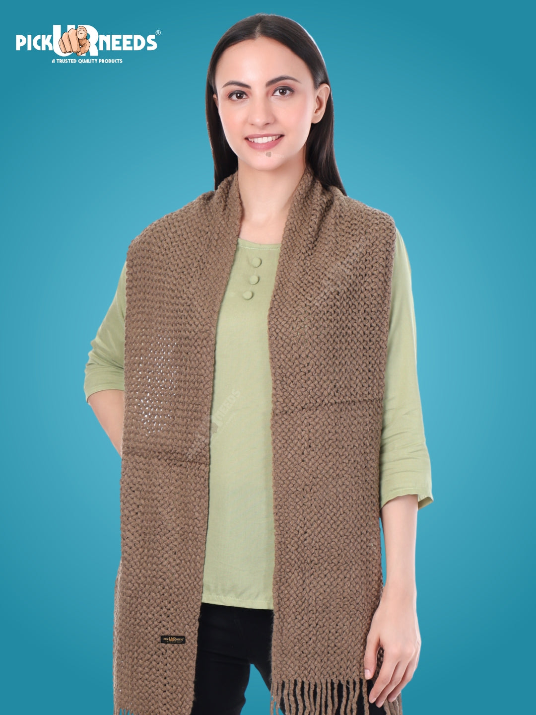 Pick Ur Needs Women's Chunky Knit Scarf  Soft, Warm & Breathable Winter Muffler  Unisex Solid Tan Textured Knit with Fringes